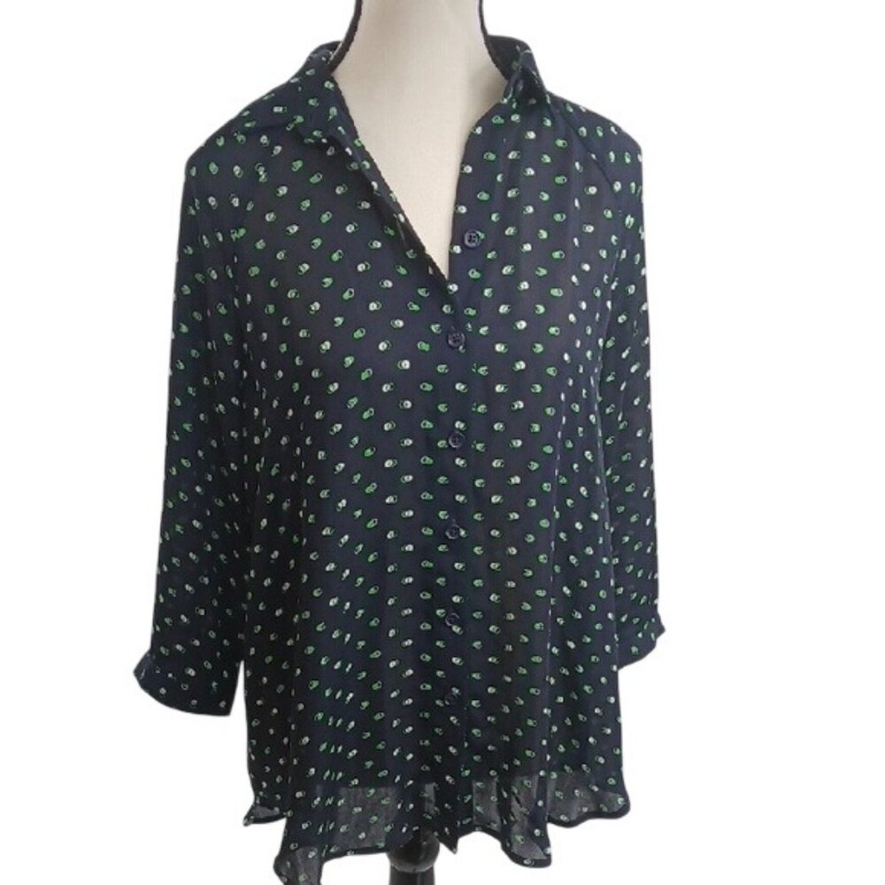 CAbi Button Front Blouse Womens XS Navy Green Sheer Lightweight Geometric